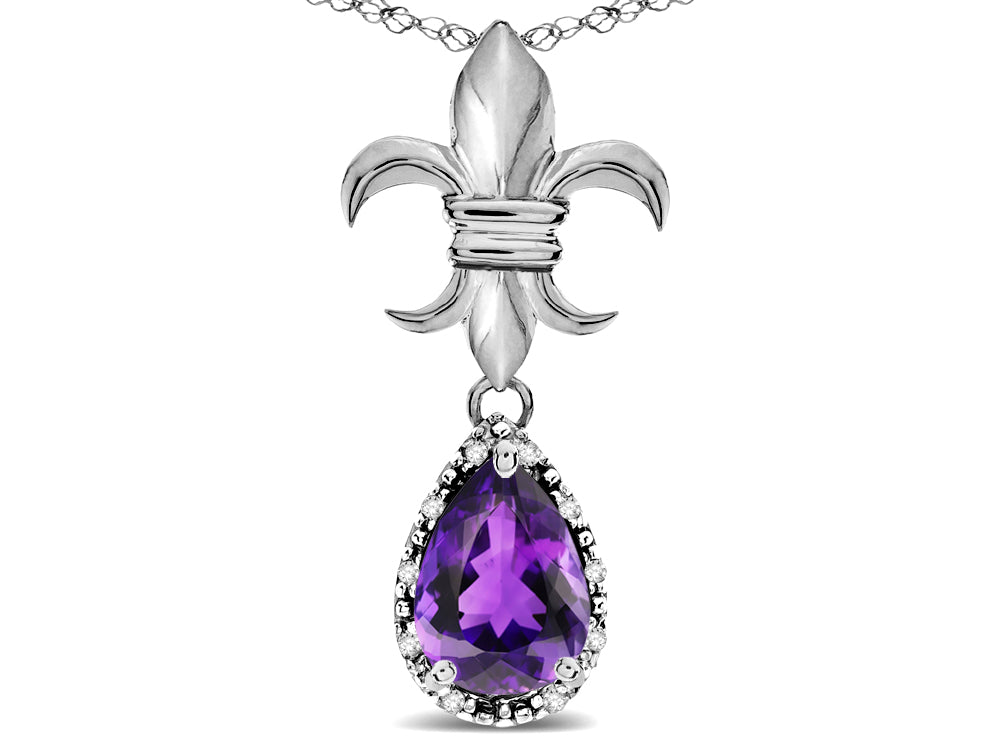 Star K  Pear Shape 8x6mm Genuine Amethyst Fleur De Lis Pendant Necklace 14k White Gold