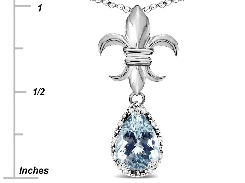 Star K  Pear Shape 8x6mm Genuine Aquamarine Fleur De Lis Pendant Necklace 14k White Gold