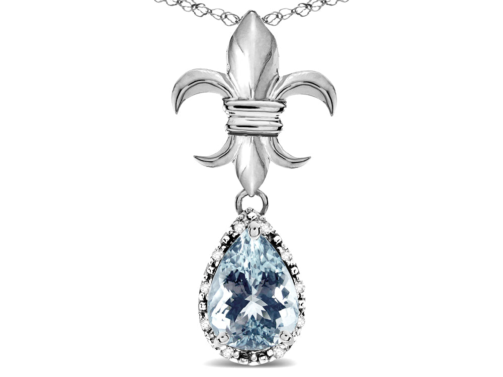 Star K  Pear Shape 8x6mm Genuine Aquamarine Fleur De Lis Pendant Necklace 14k White Gold