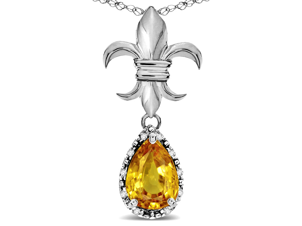 Star K  Pear Shape 8x6mm Genuine Citrine Fleur De Lis Pendant Necklace 14k White Gold