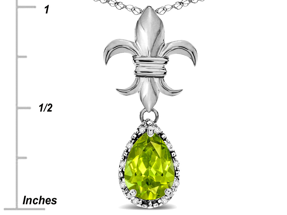 Star K  Pear Shape 8x6mm Genuine Peridot Fleur De Lis Pendant Necklace 14k White Gold