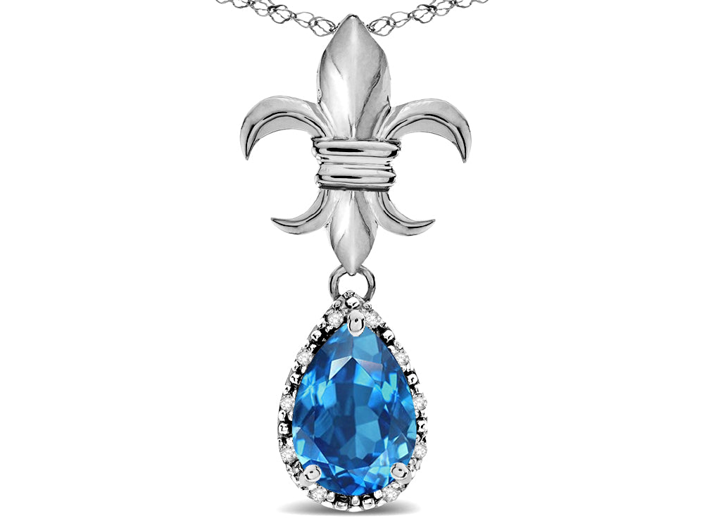 Star K  Pear Shape 8x6mm Genuine Blue Topaz Fleur De Lis Pendant Necklace 14k White Gold