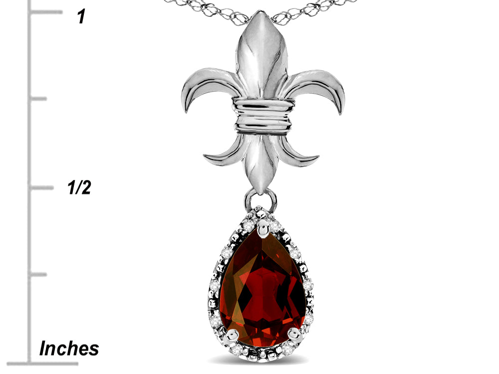 Star K  Pear Shape 8x6mm Genuine Garnet Fleur De Lis Pendant Necklace 14k White Gold