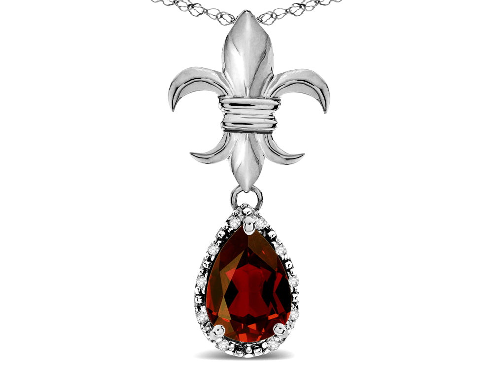 Star K  Pear Shape 8x6mm Genuine Garnet Fleur De Lis Pendant Necklace 14k White Gold