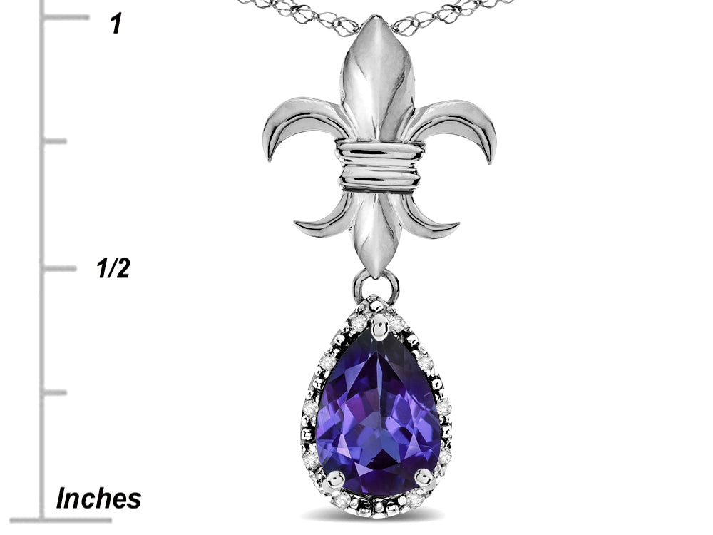 Star K  Pear Shape 8x6mm Genuine Iolite Fleur De Lis Pendant Necklace 14k White Gold