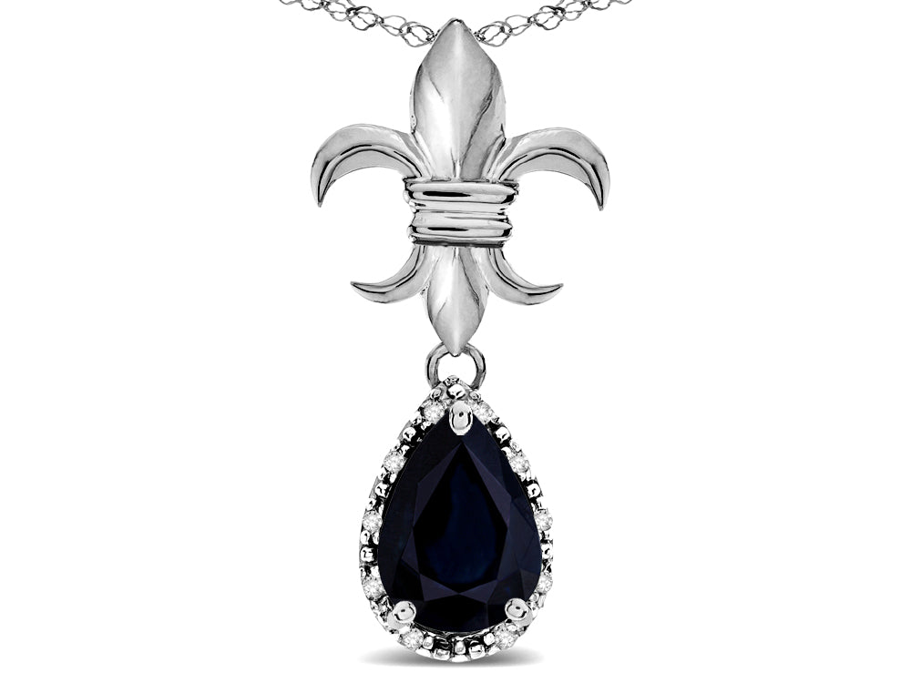 Star K  Pear Shape 8x6mm Genuine Black Sapphire Fleur De Lis Pendant Necklace 14k White Gold