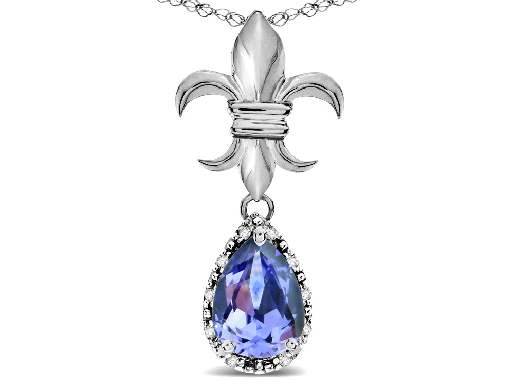 Star K  Pear Shape 8x6mm Genuine Tanzanite Fleur De Lis Pendant Necklace 14k White Gold