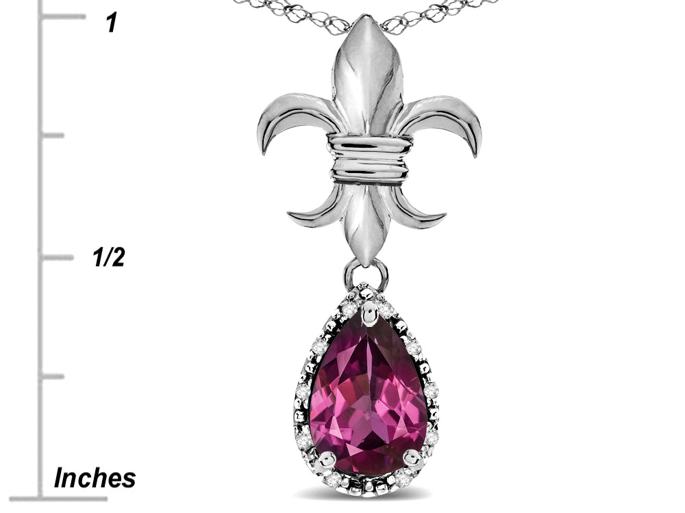 Star K  Pear Shape 8x6mm Genuine Rhodolite Fleur De Lis Pendant Necklace 14k White Gold
