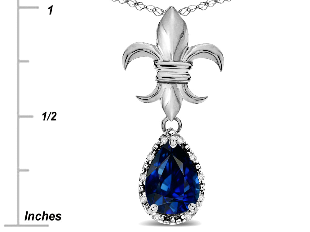 Star K  Pear Shape 8x6mm Created Sapphire Fleur De Lis Pendant Necklace 14k White Gold
