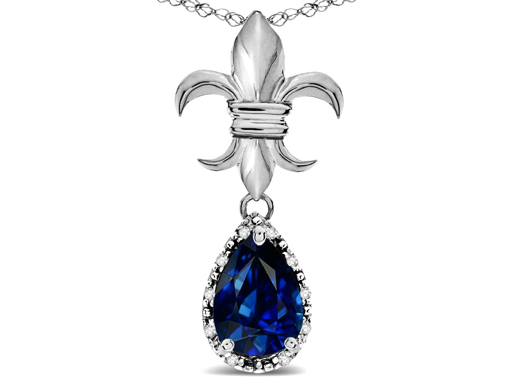Star K  Pear Shape 8x6mm Created Sapphire Fleur De Lis Pendant Necklace 14k White Gold