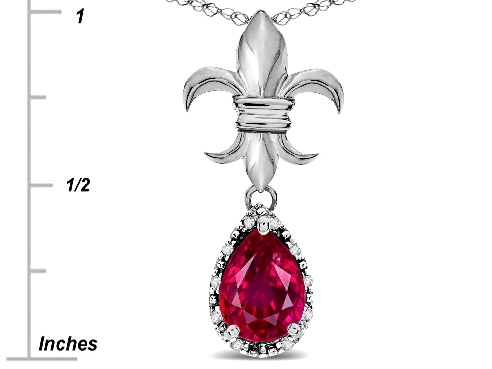Star K  Pear Shape 8x6mm Created Ruby Fleur De Lis Pendant Necklace 14k White Gold