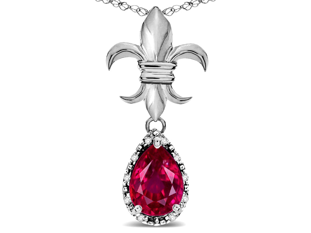 Star K  Pear Shape 8x6mm Created Ruby Fleur De Lis Pendant Necklace 14k White Gold