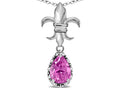 Star K  Pear Shape 8x6mm Created Pink Sapphire Fleur De Lis Pendant Necklace 14k White Gold