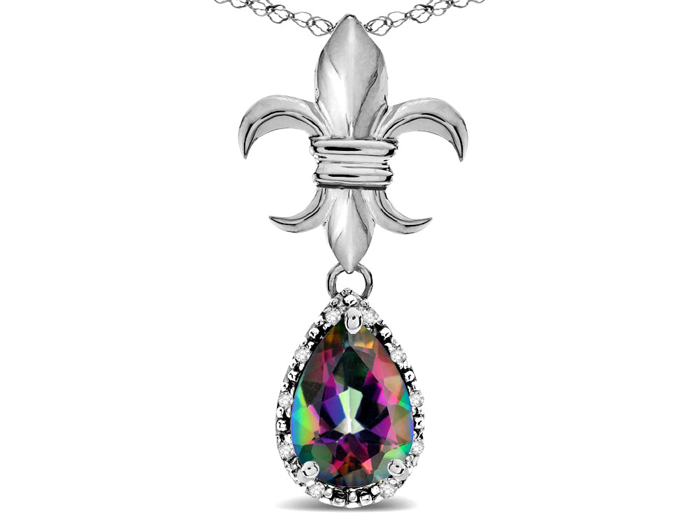 Star K  Pear Shape 8x6mm Rainbow Mystic Topaz Fleur De Lis Pendant Necklace 14k White Gold