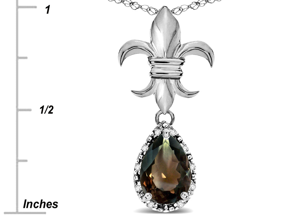 Star K  Pear Shape 8x6mm Genuine Smoky Quartz Fleur De Lis Pendant Necklace 14k White Gold