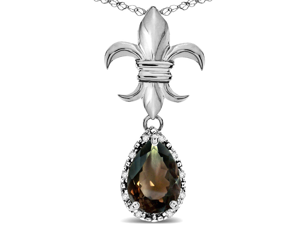 Star K  Pear Shape 8x6mm Genuine Smoky Quartz Fleur De Lis Pendant Necklace 14k White Gold
