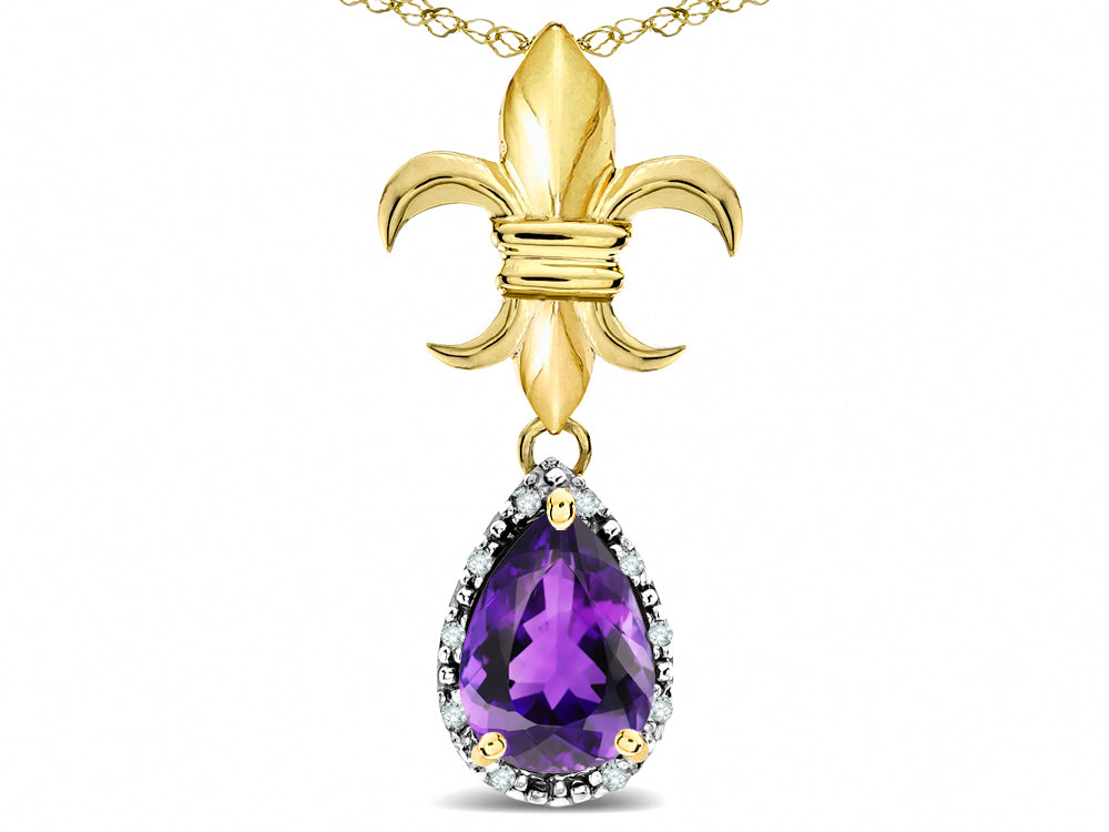 Star K  Pear Shape 8x6mm Genuine Amethyst Fleur De Lis Pendant Necklace 14k Yellow Gold