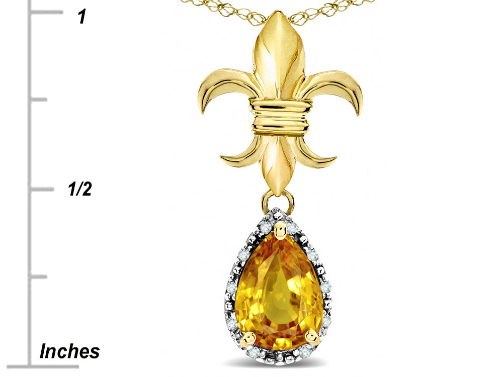Star K  Pear Shape 8x6mm Genuine Citrine Fleur De Lis Pendant Necklace 14k Yellow Gold