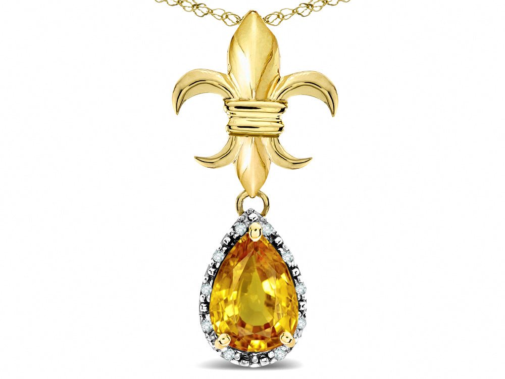 Star K  Pear Shape 8x6mm Genuine Citrine Fleur De Lis Pendant Necklace 14k Yellow Gold