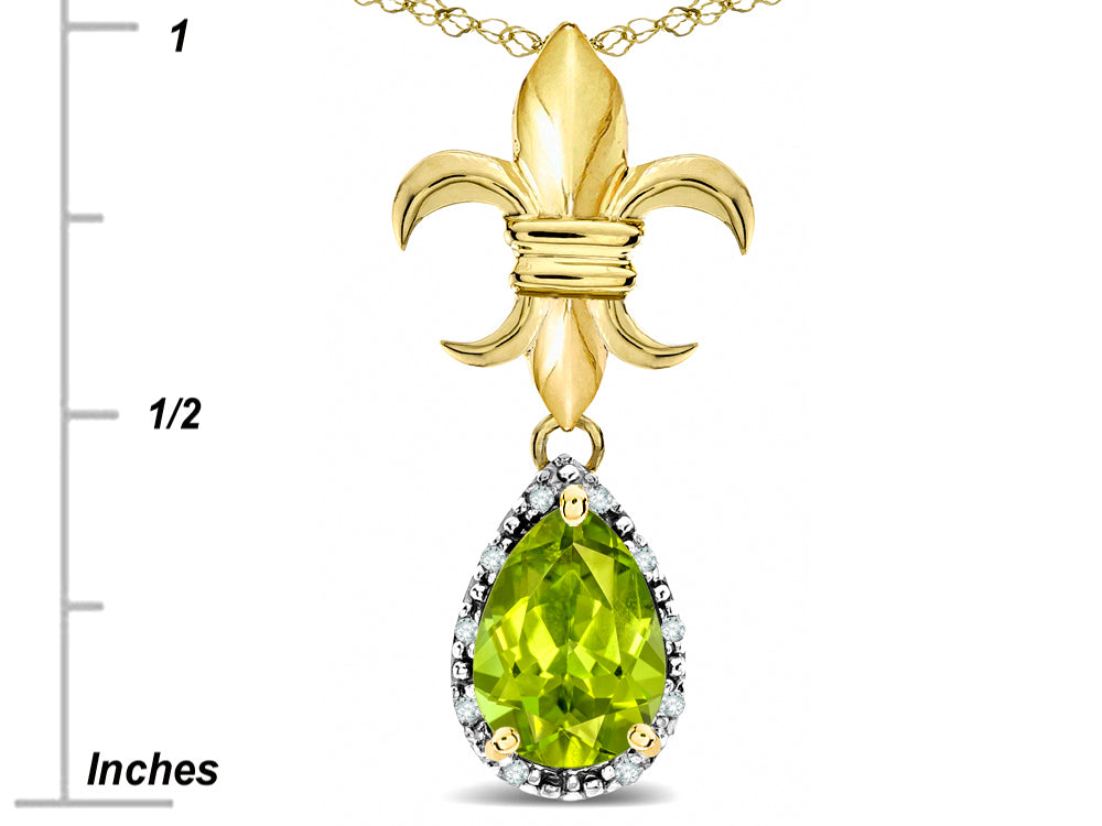 Star K  Pear Shape 8x6mm Genuine Peridot Fleur De Lis Pendant Necklace 14k Yellow Gold