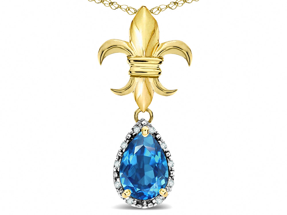 Star K  Pear Shape 8x6mm Genuine Blue Topaz Fleur De Lis Pendant Necklace 14k Yellow Gold