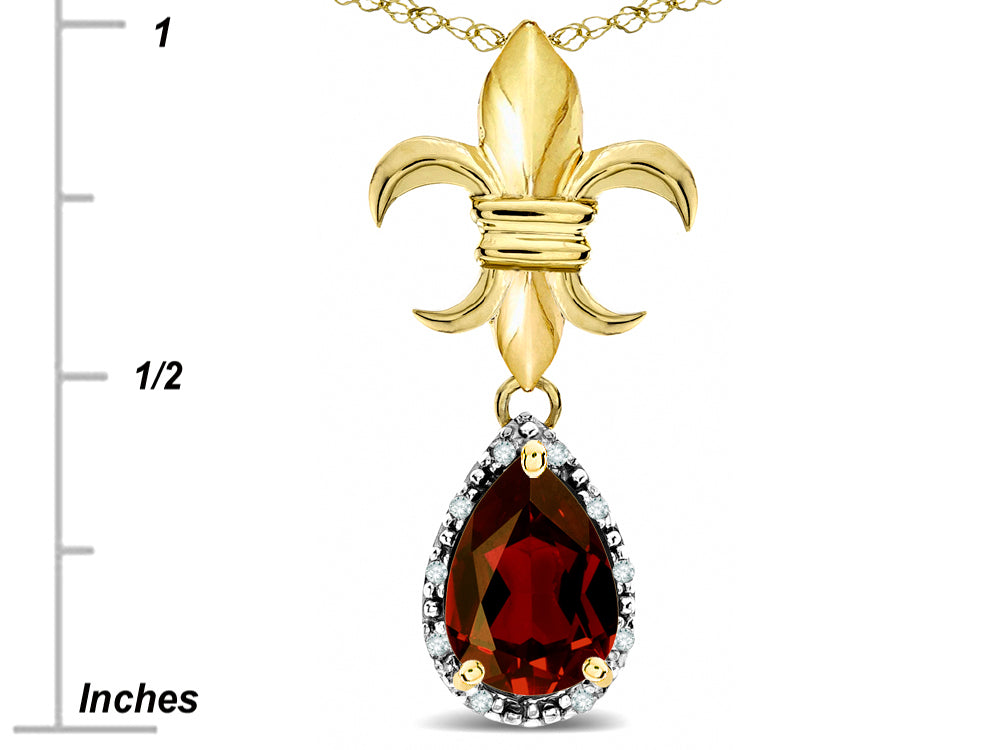 Star K  Pear Shape 8x6mm Genuine Garnet Fleur De Lis Pendant Necklace 14k Yellow Gold