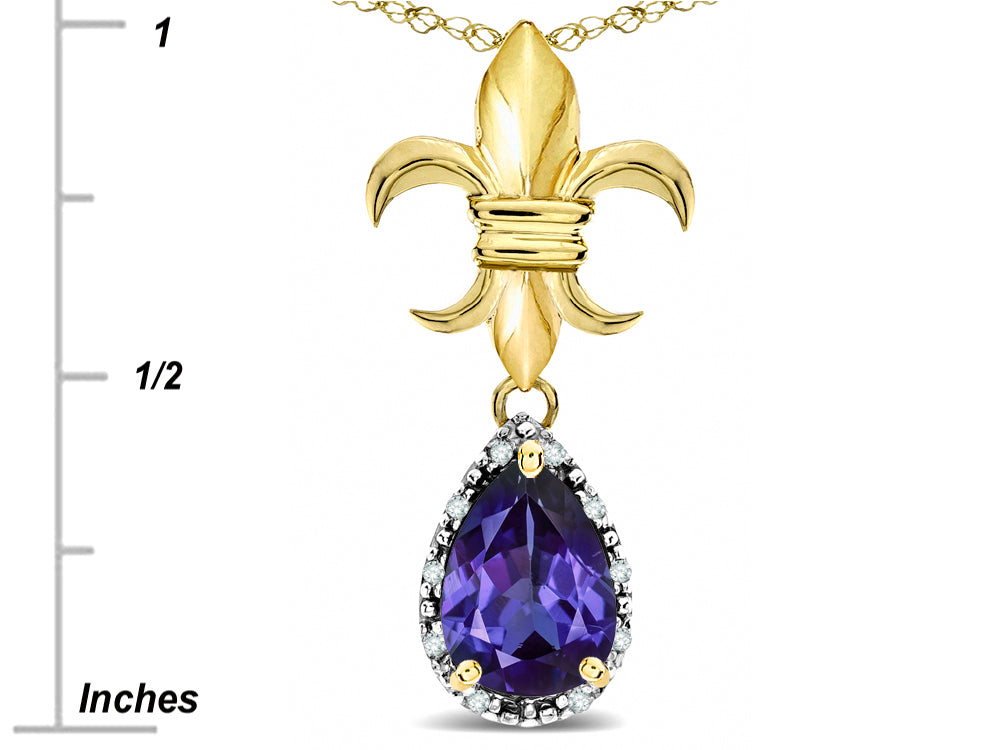 Star K  Pear Shape 8x6mm Genuine Iolite Fleur De Lis Pendant Necklace 14k Yellow Gold