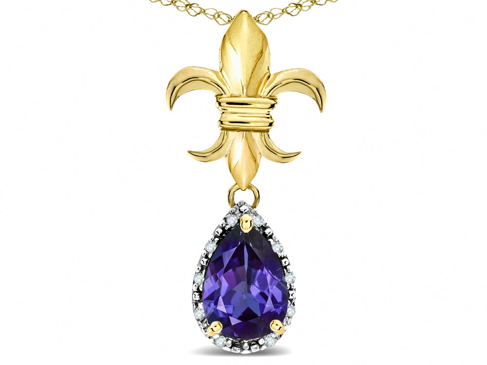 Star K  Pear Shape 8x6mm Genuine Iolite Fleur De Lis Pendant Necklace 14k Yellow Gold