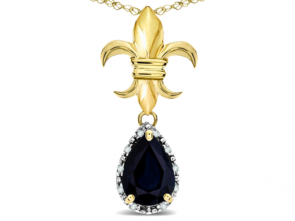 Star K  Pear Shape 8x6mm Genuine Black Sapphire Fleur De Lis Pendant Necklace 14k Yellow Gold