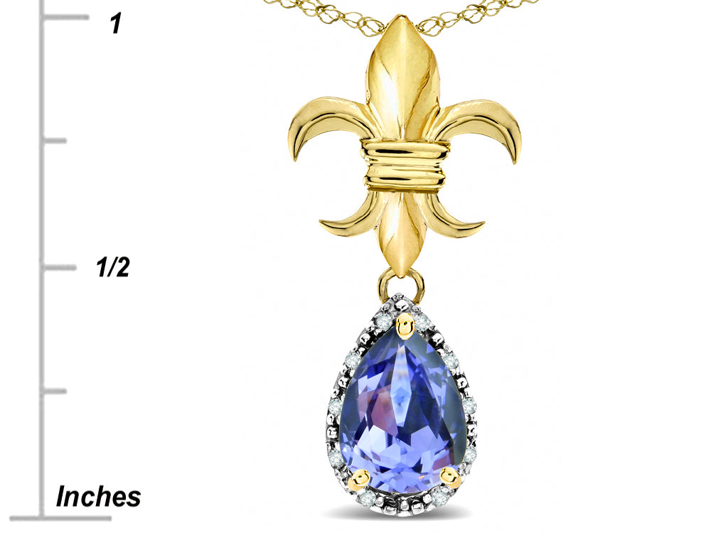 Star K  Pear Shape 8x6mm Genuine Tanzanite Fleur De Lis Pendant Necklace 14k Yellow Gold