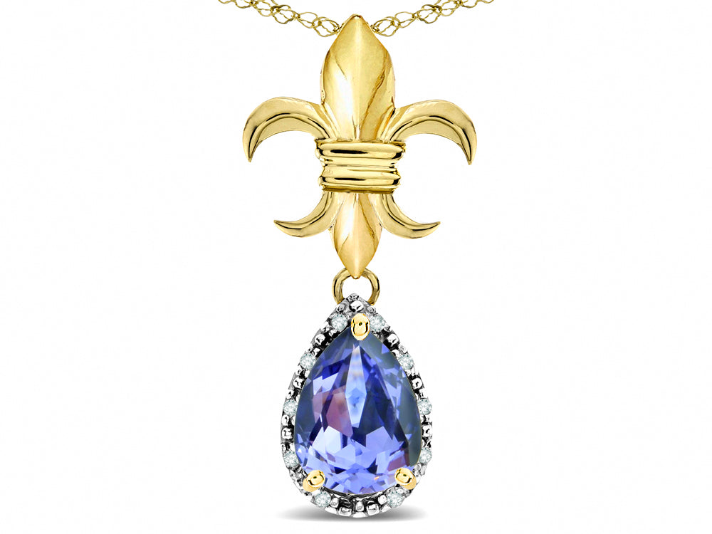Star K  Pear Shape 8x6mm Genuine Tanzanite Fleur De Lis Pendant Necklace 14k Yellow Gold