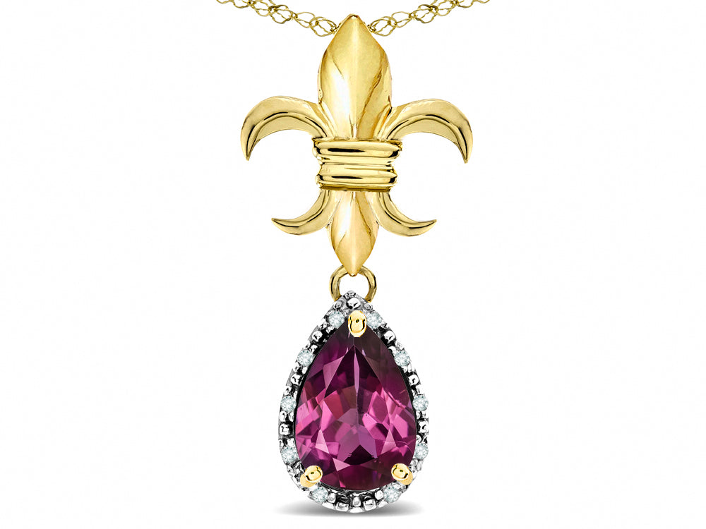 Star K  Pear Shape 8x6mm Genuine Rhodolite Fleur De Lis Pendant Necklace 14k Yellow Gold