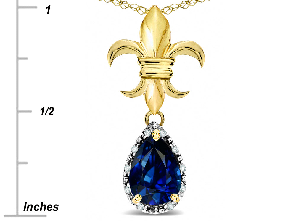 Star K  Pear Shape 8x6mm Created Sapphire Fleur De Lis Pendant Necklace 14k Yellow Gold