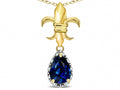 Star K  Pear Shape 8x6mm Created Sapphire Fleur De Lis Pendant Necklace 14k Yellow Gold