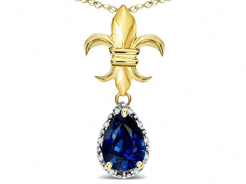 Star K  Pear Shape 8x6mm Created Sapphire Fleur De Lis Pendant Necklace 14k Yellow Gold