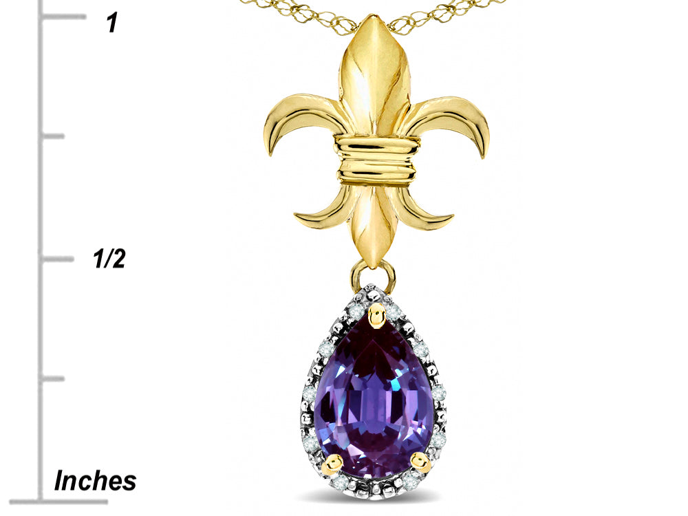 Star K  Pear Shape 8x6mm Simulated Alexandrite Fleur De Lis Pendant Necklace 14k Yellow Gold