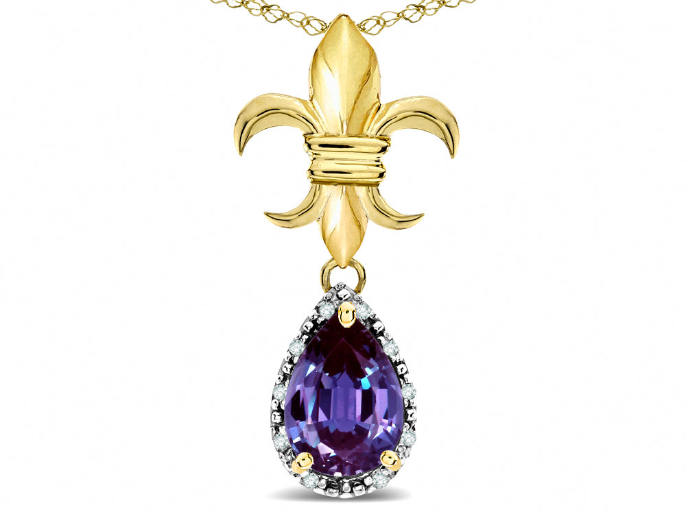 Star K  Pear Shape 8x6mm Simulated Alexandrite Fleur De Lis Pendant Necklace 14k Yellow Gold