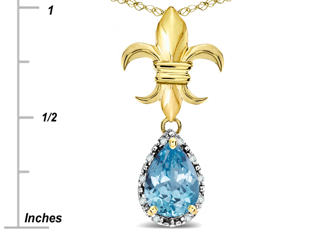 Star K  14k Yellow Gold Pear Shape 8x6mm Simulated Aquamarine Fleur De Lis Pendant Necklace