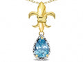 Star K  14k Yellow Gold Pear Shape 8x6mm Simulated Aquamarine Fleur De Lis Pendant Necklace