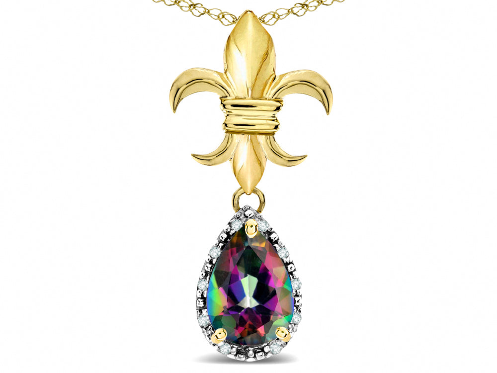 Star K  Pear Shape 8x6mm Rainbow Mystic Topaz Fleur De Lis Pendant Necklace 14k Yellow Gold