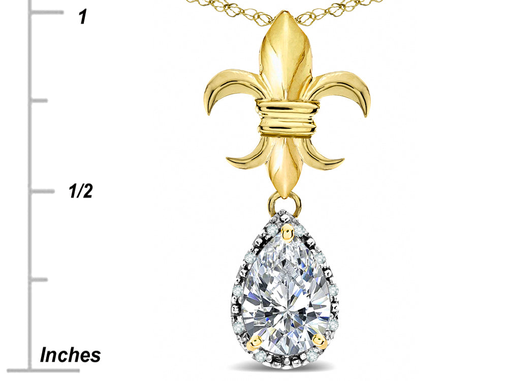 Star K  Pear Shape 8x6mm Genuine White Topaz Fleur De Lis Pendant Necklace 14k Yellow Gold