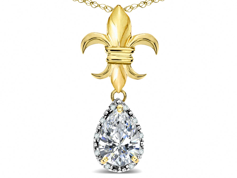Star K  Pear Shape 8x6mm Genuine White Topaz Fleur De Lis Pendant Necklace 14k Yellow Gold