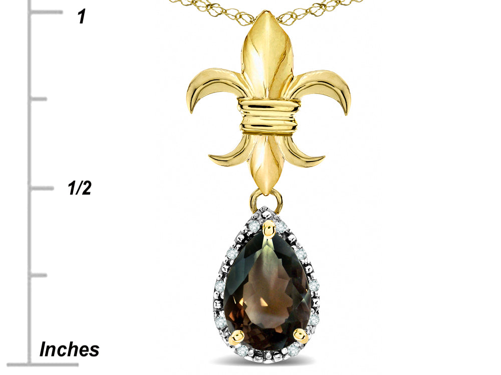 Star K  Pear Shape 8x6mm Genuine Smoky Quartz Fleur De Lis Pendant Necklace 14k Yellow Gold