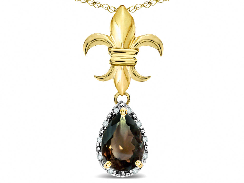 Star K  Pear Shape 8x6mm Genuine Smoky Quartz Fleur De Lis Pendant Necklace 14k Yellow Gold