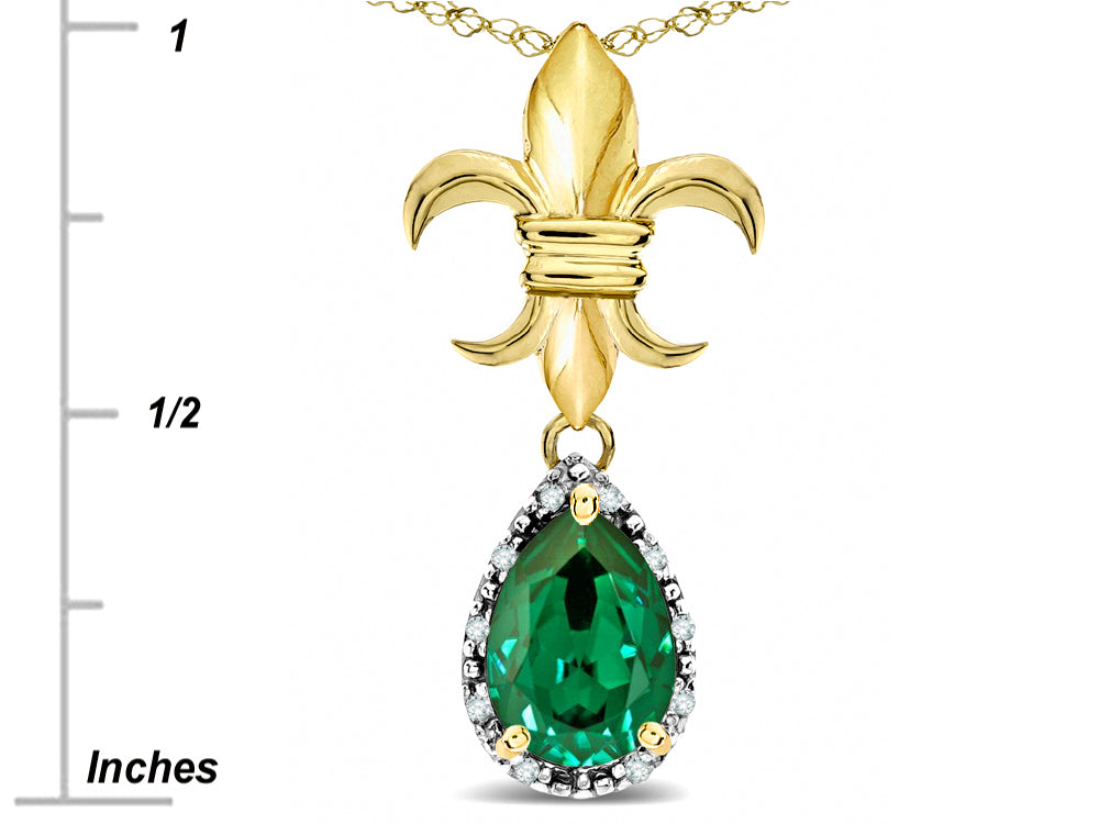 Star K  Pear Shape 8x6mm Simulated Emerald Fleur De Lis Pendant Necklace 14k Yellow Gold