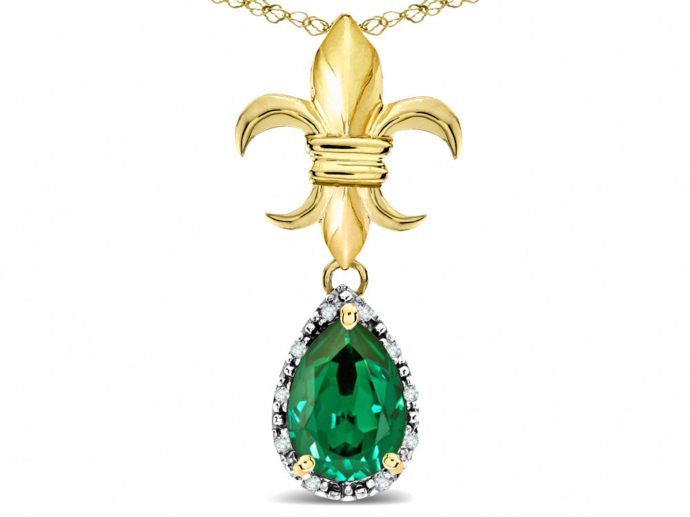 Star K  Pear Shape 8x6mm Simulated Emerald Fleur De Lis Pendant Necklace 14k Yellow Gold