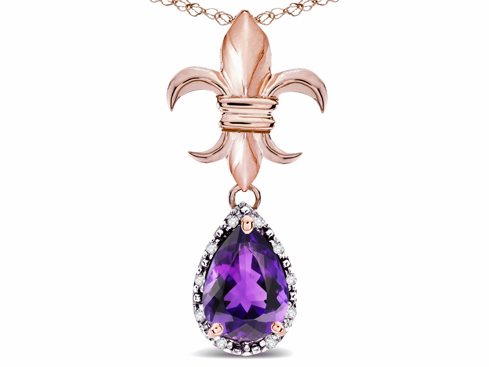 Star K  Pear Shape 8x6mm Genuine Amethyst Fleur De Lis Pendant Necklace 14k Rose Gold