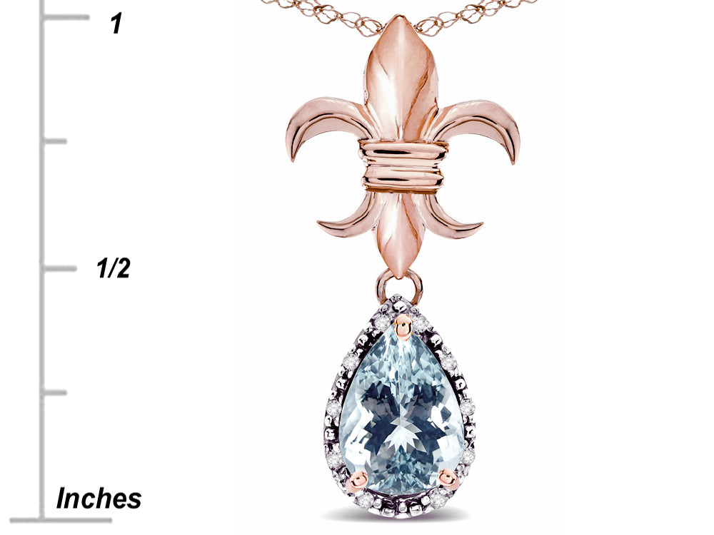 Star K  Pear Shape 8x6mm Genuine Aquamarine Fleur De Lis Pendant Necklace 14k Rose Gold