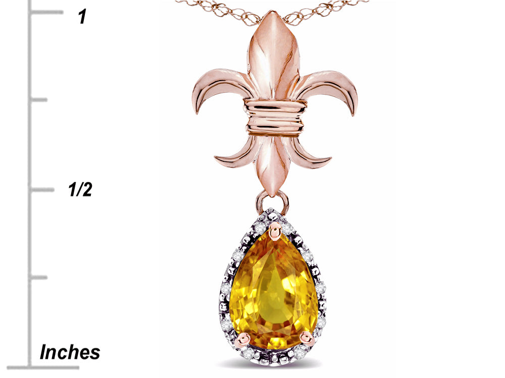 Star K  Pear Shape 8x6mm Genuine Citrine Fleur De Lis Pendant Necklace 14k Rose Gold