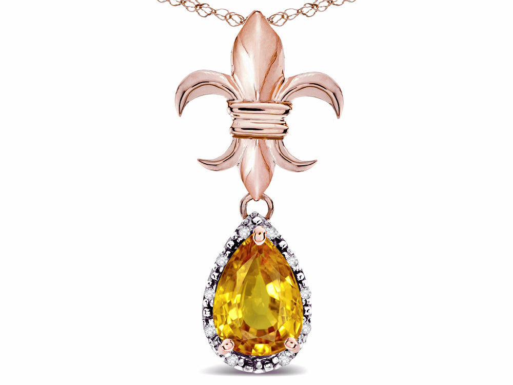 Star K  Pear Shape 8x6mm Genuine Citrine Fleur De Lis Pendant Necklace 14k Rose Gold